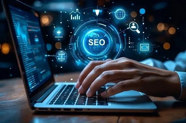 seo optimization on laptop digital marketing and data analytics concept premium ai generated image
